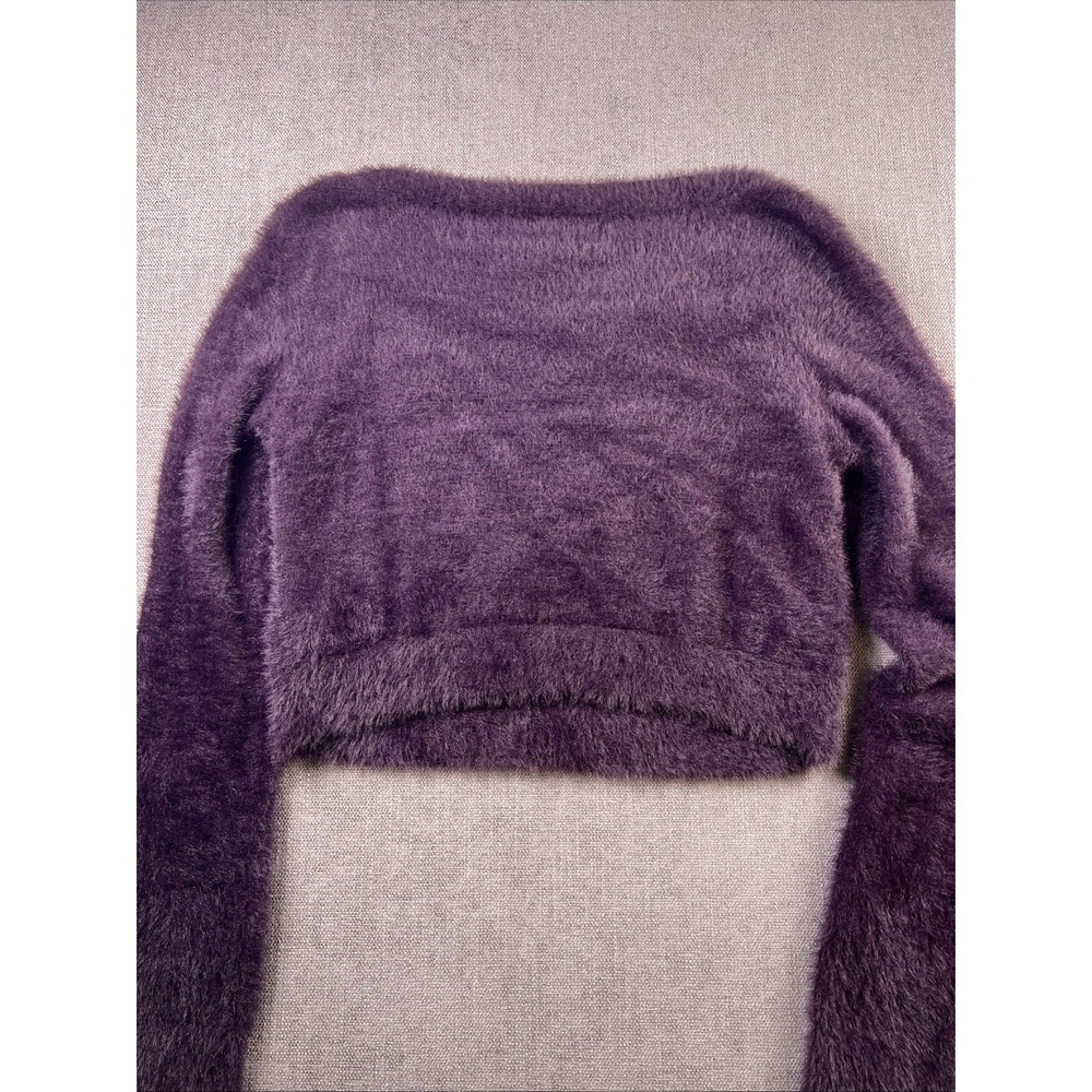 Natural Life Fuzzy Cropped Sweater‎ Boat Neck Long Sleeve Womens L Plum Purple - Picture 10 of 11
